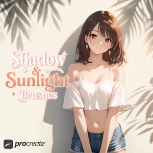 May include: An illustration of a woman wearing a white off-the-shoulder top and denim shorts. The text "Shadow & Sunlight Brushes" is displayed in a stylized font. The Procreate logo is in the bottom left corner.
