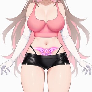 May include: A woman wearing a pink crop top and black shorts with a pink heart-shaped tattoo on her lower abdomen.