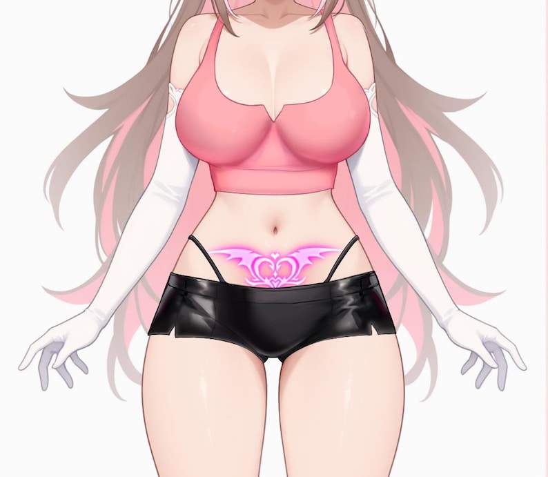 May include: A woman wearing a pink crop top and black shorts with a pink heart-shaped tattoo on her lower abdomen.