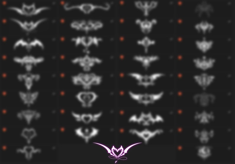 May include: A black and white image with a grid of 36 different stylized designs. Each design is a symmetrical pattern with a heart shape at the center. The designs are arranged in six rows of six.
