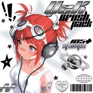 May include: Anime-style illustration of a girl with red hair wearing headphones and goggles. The image includes the text "Y2k brush pack" and "105+ stamps", along with star and planet graphics. A tattoo is visible on the girl's arm.