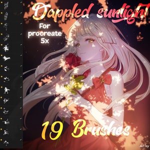 以下が含まれることがあります： Procreate 用のデジタルブラシ19本セット。斑点のある太陽光の効果を作成するために設計されています。ブラシは、各ブラシに白いテクスチャのあるブラシストロークが施された暗い背景に表示されます。テキスト「Dappled sunlight」は、白いアウトラインで黄色のフォントで書かれています。テキスト「For procreate 5x」は白で書かれています。テキスト「19 Brushes」は、白いアウトラインで黄色のフォントで書かれています。テキスト「Art by berry」は白で書かれています。