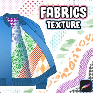 May include: A blue bomber jacket with a variety of colorful patterned fabrics lining the inside. The text "FABRICS TEXTURE" is displayed in a pink box at the top of the image.