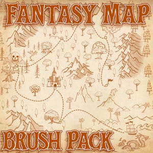 May include: A fantasy map illustration with a vintage parchment background. The map features mountains, trees, a castle, a skull, and a dragon. The words "FANTASY MAP" and "BRUSH PACK" are displayed in a decorative font.