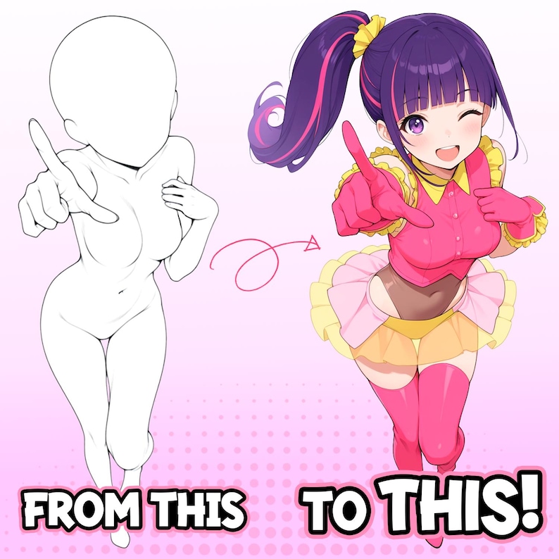 May include: An illustration showing a transformation from a blank figure to a colorful anime-style character. The finished character has purple hair with pink highlights, a pink outfit, and is pointing with a gloved hand. Text at the bottom reads "FROM THIS TO THIS!"