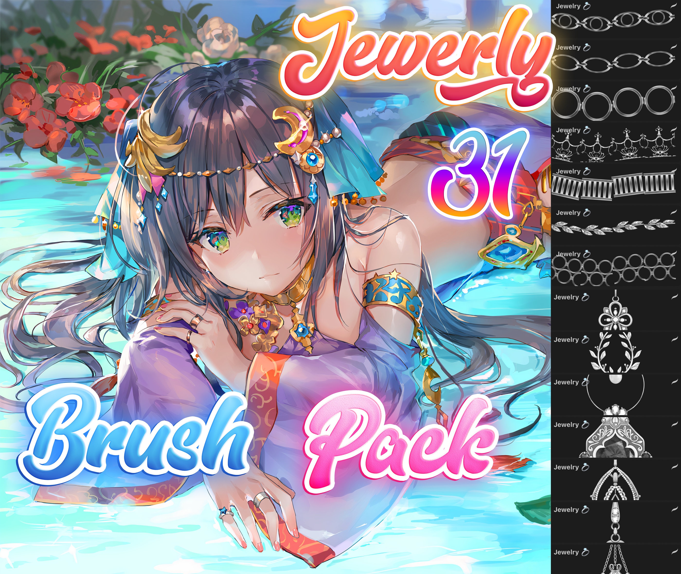 Pacote de pincéis de joias anime para Procreate – Brincos, pérolas, correntes e anéis (31 pincéis)