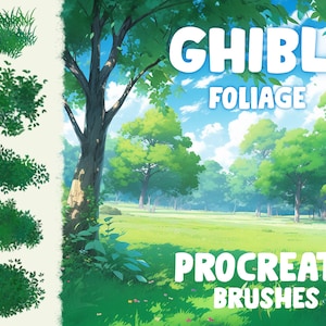 Puede incluir: Un conjunto de pinceles digitales para Procreate, inspirados en el exuberante follaje y los paisajes de las películas de Studio Ghibli. Los pinceles están diseñados para crear vegetación realista y estilizada, perfecta para agregar profundidad y detalles a tu arte digital.