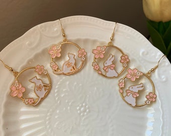 Cherry blossom cat earrings, cherry blossom bunny earrings, cute cat earrings, cute bunny earrings, pink cat earrings, pink bunny earrings.