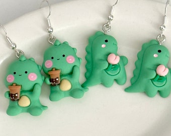 Cute dinosaur with milk tea earrings, dinosaur with flower earrings, animal earrings, green dinosaur earrings, dinosaur gift, fun dinosaur