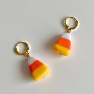 Candy Corn gold huggie earrings: Trick or Treat, Halloween huggies, Halloween candy hoop earrings, candy earrings.