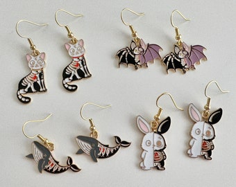 Kitty skeleton skeletal X-ray earrings, bunny skeleton X-ray earrings, bat skeleton X-ray, whale X-ray earrings, animal X-ray earrings