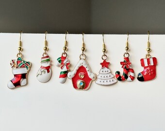 Pendientes de Navidad, Pendientes de bastón de caramelo, Pendientes de Papá Noel, pendientes de muñeco de nieve, Pendientes de árbol de Navidad blanco, Pendientes de calcetines de Navidad
