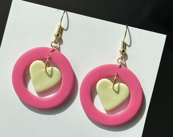 Charming Hollow Circle Heart Polymer Clay Earrings -Spring Clay Earrings, Clay Heart Earrings - Y2K Style Clay Earrings- Gift for Her