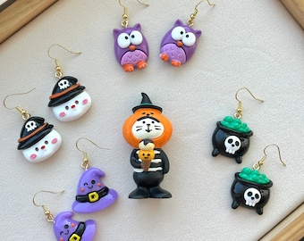 Halloween Dangle Earrings: Ghost, Owl, Cauldron, Wizard Hat