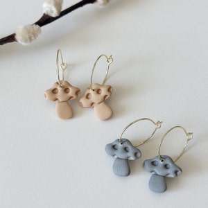 Mushroom Hoop Earrings: Polymer Clay, Gold-Filled Hook