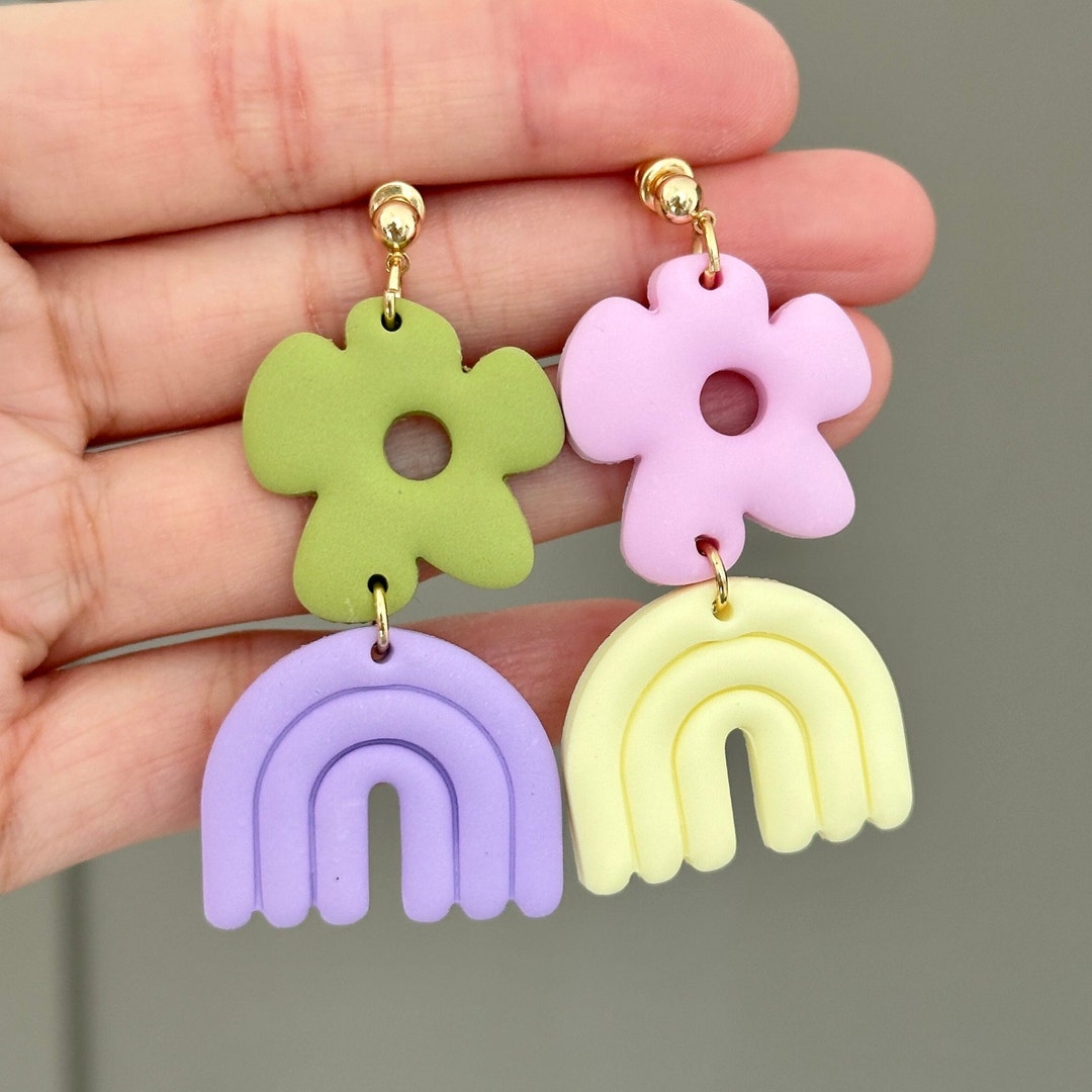 Polymer Clay Flower Earrings, Cute Color Flower Earrings, Spring Flower ...