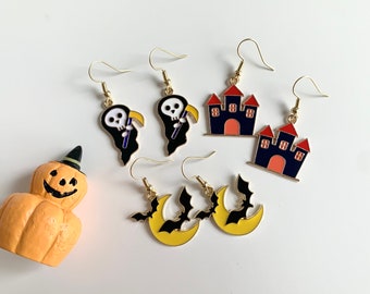 Halloween Grim reaper earring, Halloween skeleton earrings, bat earrings, Halloween castle earrings, Moon earrings. Halloween gift
