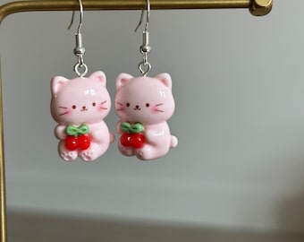 Cute resin pink kitty earrings, kitty with cherry earrings, cute cat earrings, pink cat earrings,  Cherry earrings