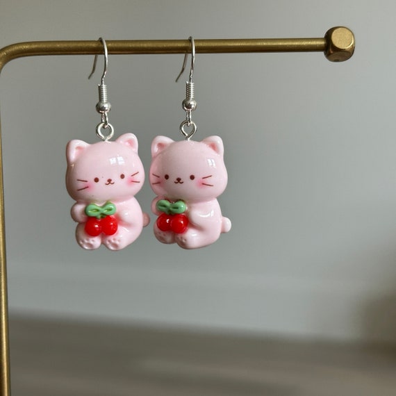 Cute resin pink kitty earrings, kitty with cherry earrings, cute cat earrings, pink cat earrings,  Cherry earrings