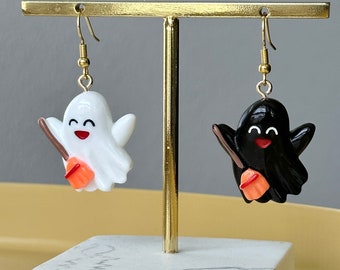 Halloween ghost with broom earrings, cute ghost earrings, Halloween earrings, white ghost earrings, black ghost earrings