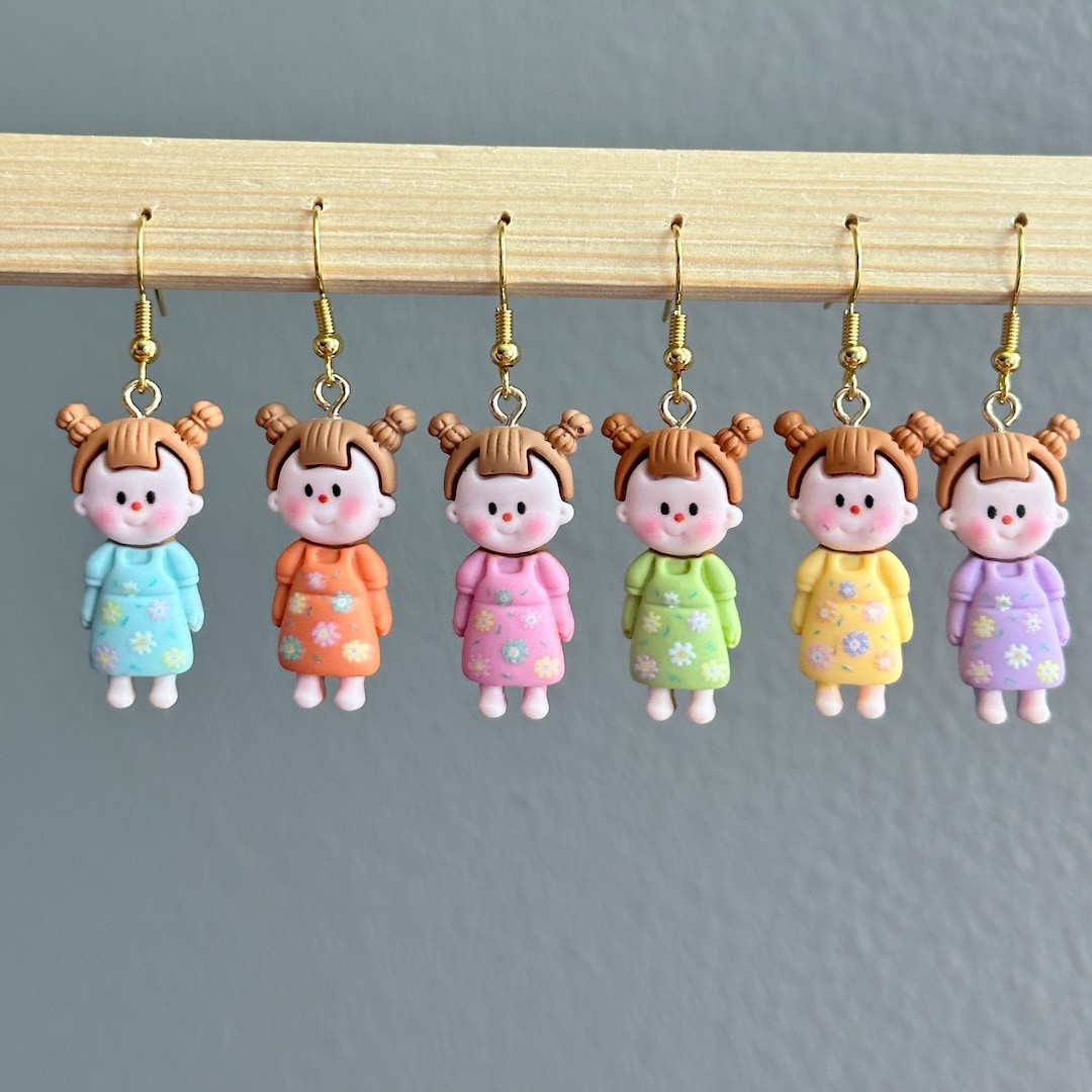 Handmade Resin Little Girl Earrings, Cute Little Girl in Colorful Dress Earrings, Colorful Girls