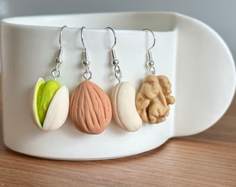 Cute resin nuts snack earrings, pistachio earrings, almond earrings, cashew earrings, Walnut earrings,  food earrings, fun snacks earrings