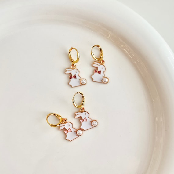 Cute Bunny Earrings, Bunny Huggies, Bunny Pearl Earring, Pet