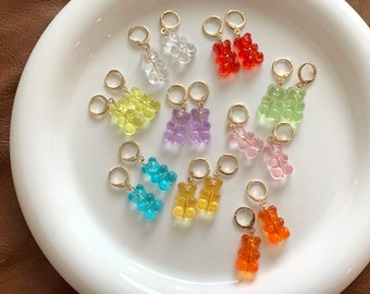 Clear gummy bear earrings, gummy bear huggies, teddy bear hoops earrings, gummy bear hoops earrings. bear jewelry, y2k bear earrings