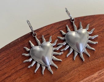 Gold Silver Heart Burst Hoops Earrings, Heart Hoops Earrings, Heart Burst Earrings. Love Earrings