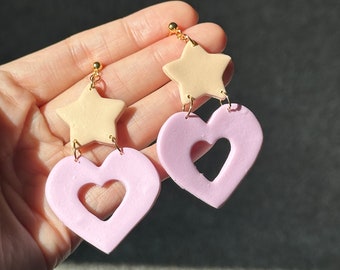 Charming Star Hollow Heart Polymer Clay Earrings - Handcrafted Clay Heart Studs - Y2K Style Clay Earrings- Gift for Her
