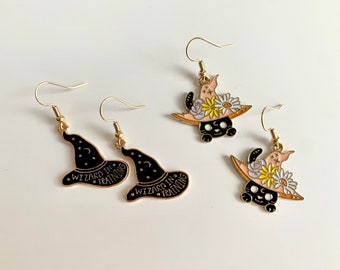 Halloween wizard hat earrings, Halloween wizard hat cat earrings, Halloween cat earrings, Halloween gift, Halloween jewelry