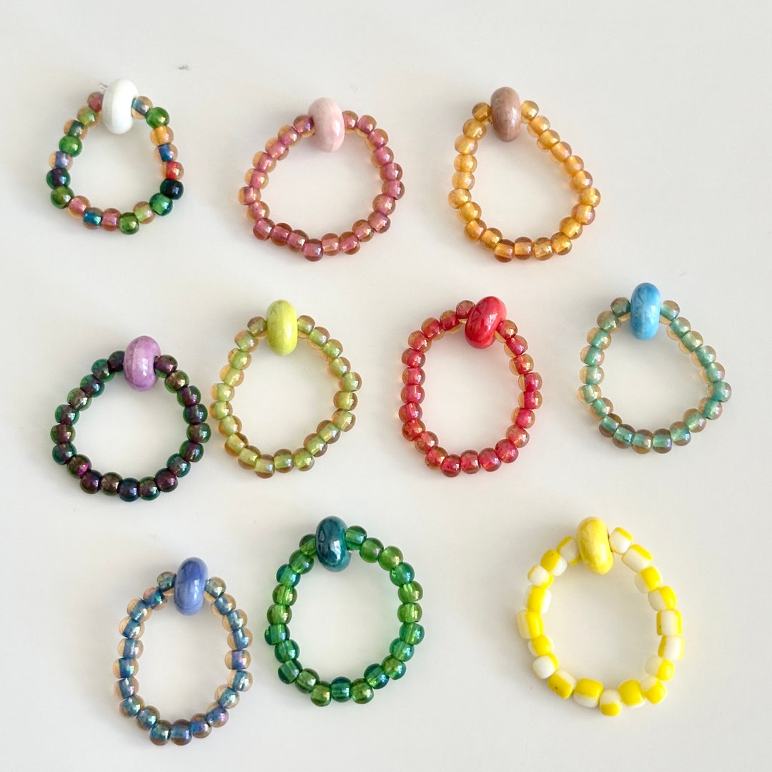 Ceramic Rainbow Beaded Ring, Colorful Rings Beaded Rings, Beaded ...