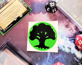 May include: A green circle with a black tree inside. The tree has a thick trunk and five branches. The circle is on a white background.