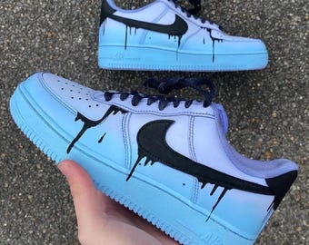 Custom Blue Drip Sneakers • Black Drip Art Shoes • Hand-Painted Air Style Shoes • Gradient Blue Custom Sneakers • Personalized Streetwear