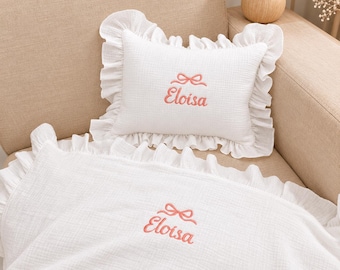 Personalized Soft Organic Muslin Baby Blanket & Pillow, Custom Embroidered Name Summer Blanket, Luxury Baby Shower Gift