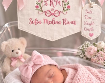Personalized Embroidered Baby Banner, Custom Monogrammed Newborn Banner with Floral Crest Frame, Baby Shower Gifts, Hospital Door Sign