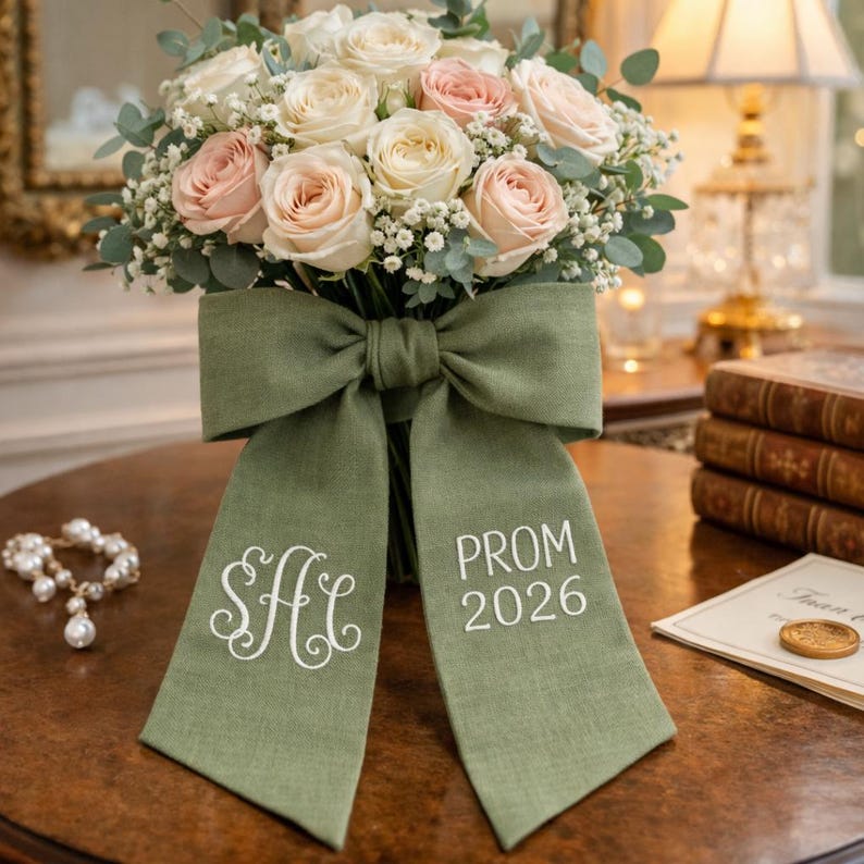 Prom Ribbon Personalized Prom Bouquet Ribbon, Custom Monogram Linen Bouquet Wrap ...
