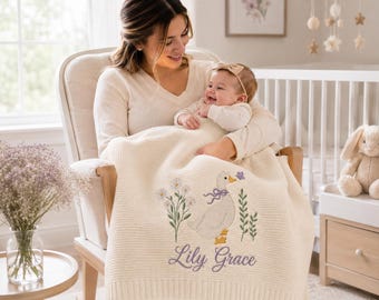 Personalized Goose & Wildflower Baby Blanket, Embroidered Name Knit Blanket, Newborn Keepsake, New Mom Gift, Baby Shower Gifts