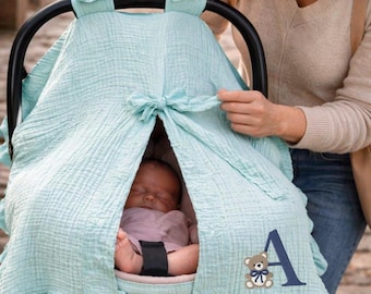 Personalized Muslin Car Seat Cover with Ruffle Trim, Custom Monogram Name Cover, Tie Front Infant Carrier Cover, Baby Shower Gift