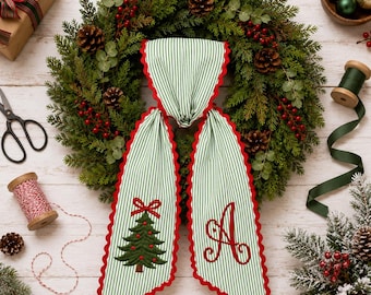 Personalized Christmas Wreath Sash, Holiday Stripe Front Door Ric Rac Seersucker Sash, Embroidered Christmas Front Door Decor, Xmas Gift