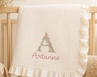 Custom Embroidered Baby Blanket with Floral Name, Personalized Ruffle Muslin Blanket, Baby Shower Gift, Newborn Essentials, Toddler Bedding