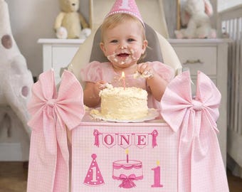 Personalized Embroidered Bow High Chair Banner, First Birthday Banner, Baby Girl 1st Birthday Decor, Cake Smash Photo Prop