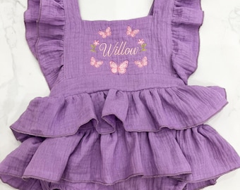 Embroidered Butterfly Name Baby Girl Muslin Ruffle Romper, First Birthday Dress, Baby Shower Gift, Toddler Summer Outfit
