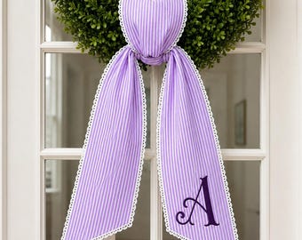 Personalized Embroidered Monogram Wreath Sash, Monogram Seersucker Wreath Bow with Lace Trim, Front Door Decor, Housewarming Gift