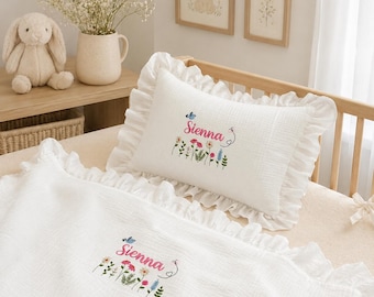 Personalized Muslin Cotton Blanket & Pillow With Name, Embroidered Floral Baby Girl Swaddle, Luxury Newborn Set Gift