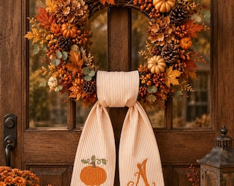 Personalized Embroidered Pumpkin Seersucker Wreath Sash, Thanksgiving Front Door Decor,  Autumn Wreath Ribbon, Housewarming Gift