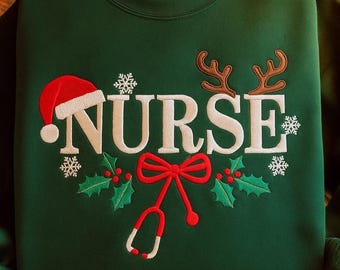 Sudadera de enfermera navideña bordada, regalo festivo para enfermeras.