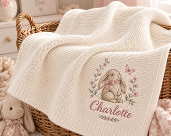 Personalized Embroidered Rabbit Flower Baby Blanket, Custom Name Wildflower Knit Blanket, Baby Shower Gift, Nursery Keepsake
