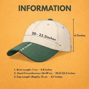 May include: A two-tone baseball cap with a cream-colored crown and a green brim. The cap's brim is 2.8 inches long, and the cap depth is 4.7 inches. The head circumference is 22.0-23.2 inches. The text "INFORMATION" is at the top.