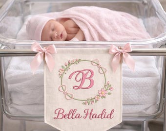 Baby Girl Banner with Custom Monogram Frame, Embroidered Newborn Banner For Hospital Door Sign & Nursery, Baby Shower Gifts